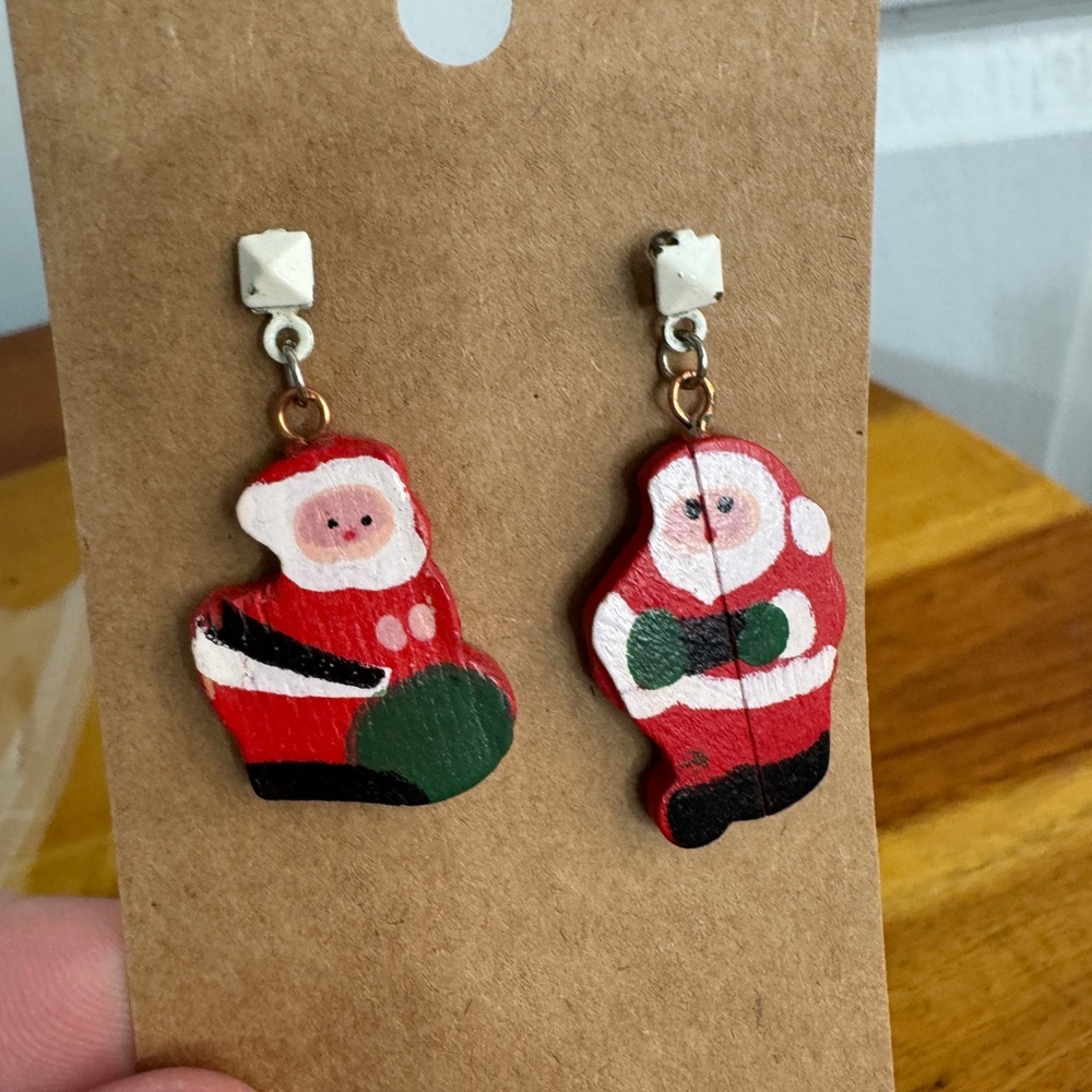 Vintage wooden Santa Claus‎ dangle earrings
